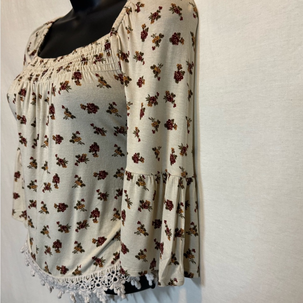 G-109 Urban Girl Cream Red & Orange Floral Lace Trim 1/2 Sleeve Blouse Size S - Picture 7 of 15